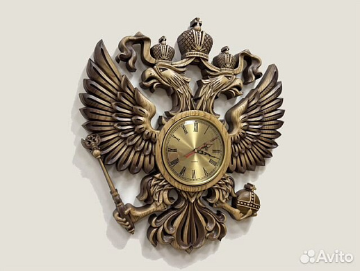 Часы герб РФ резной из дерева ясень